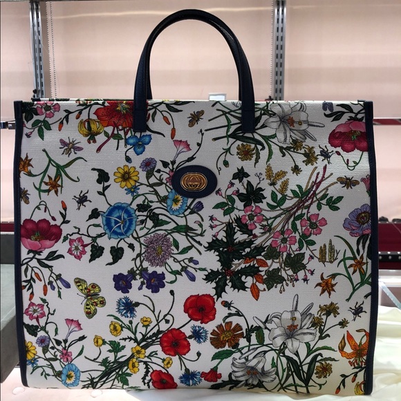 gucci large floral tote bag